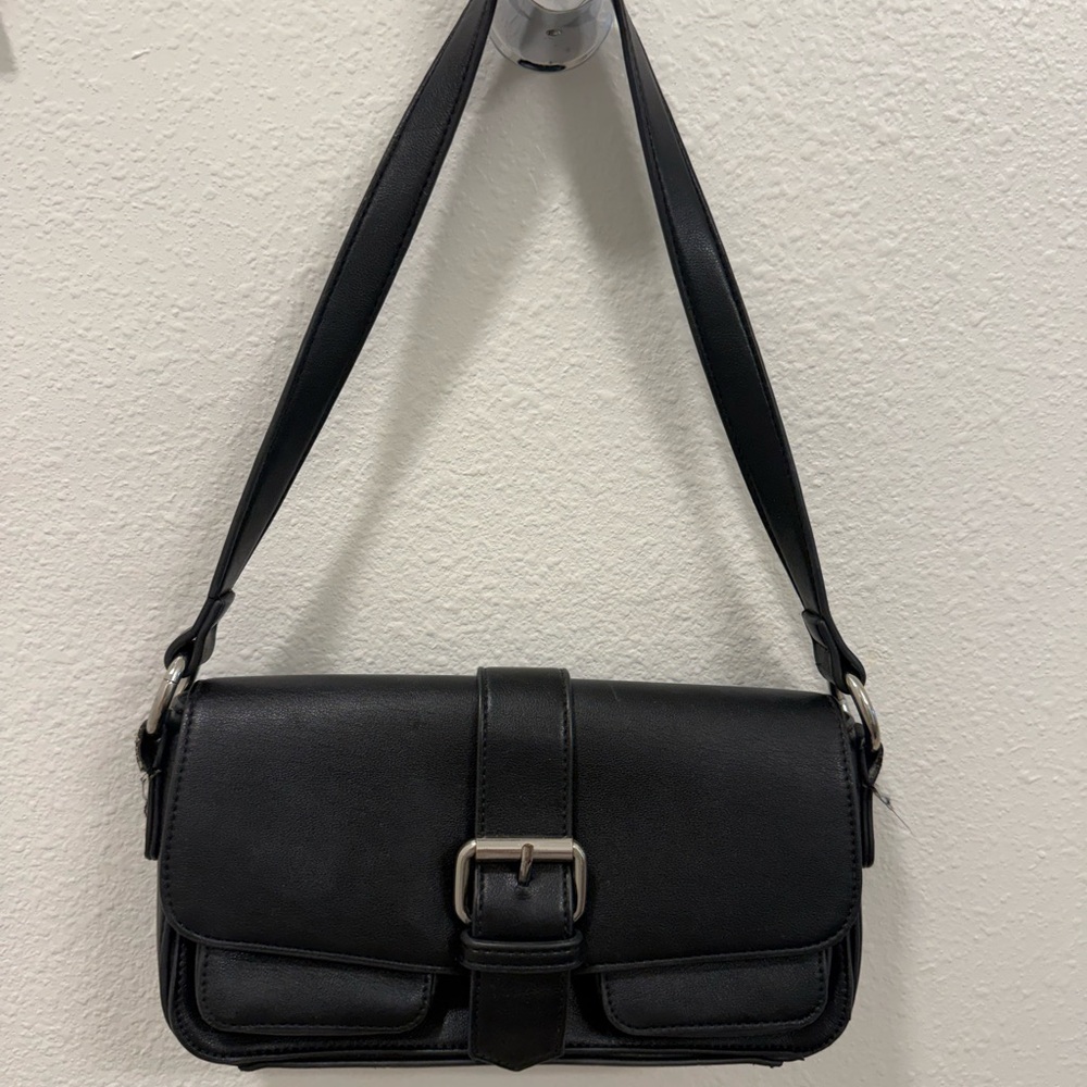 Classic Black Shoulder Bag with Buckle